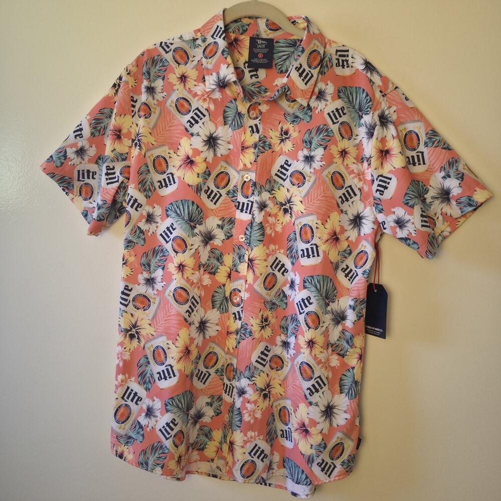 New Valor Mens L Miller Lite Hibiscus Stretch Shirt Coral All Over Print Frat